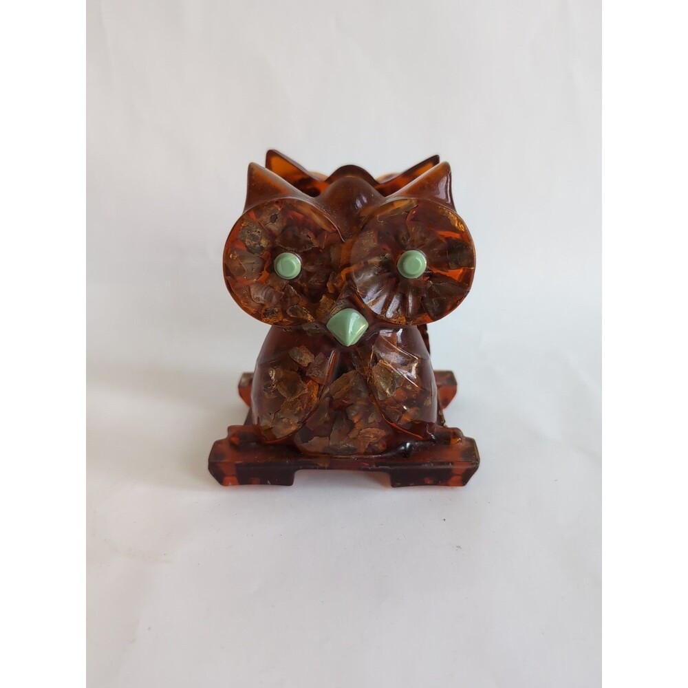 Owl Napkin Holder Petrified Wood Vomit Brown Lucite Turquoise Eyes Vintage MCM